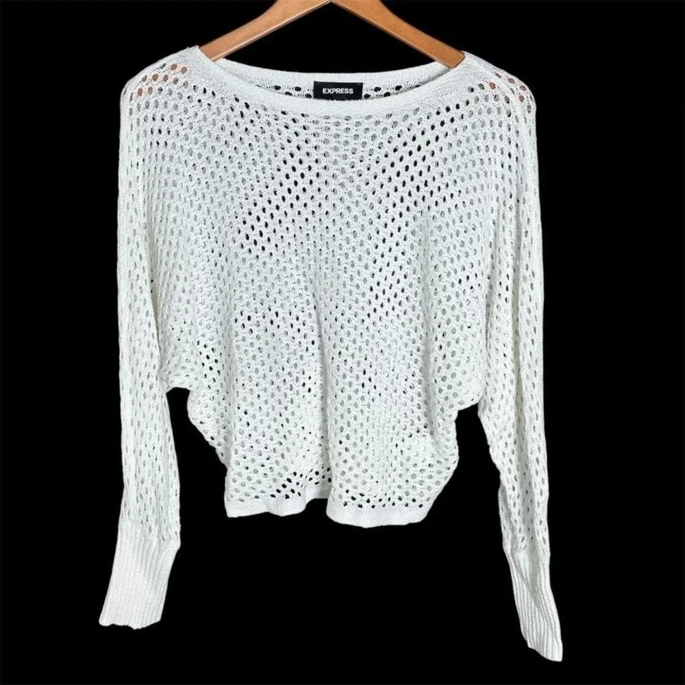 Express‎ White Crochet Open Knit Sweater Womens Small Beachy Boho Layering - Picture 2 of 10